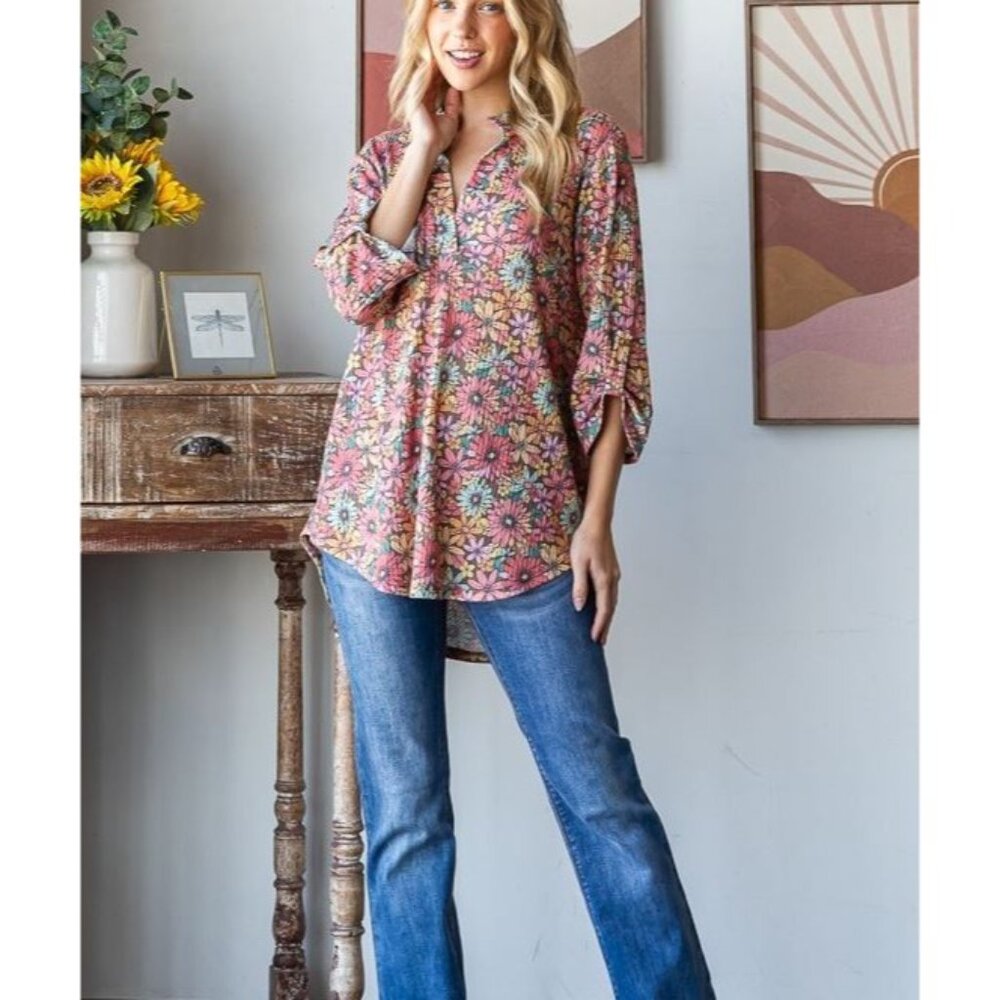 #0707 Heimish NWOT Mocha Three Quarter Sleeve Mandarin Floral Top Sizes M-L